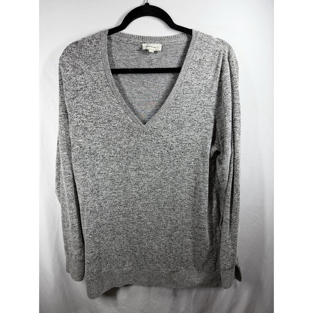 Lucky Brand Women's V-Neck Sweater Gray Marl Knit Long Sleeve Soft Pullover L